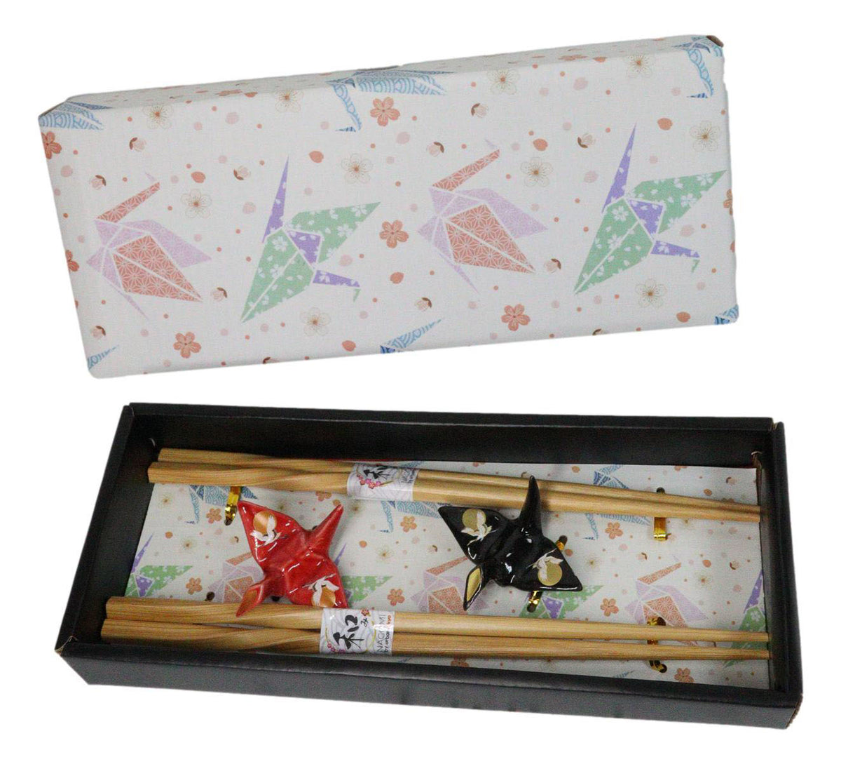 Red And Black Full Moon Cranes Set of 2 Chopsticks And Ceramic Rests Set