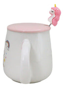 White Whimsical Crowned Unicorn Rainbow Shooting Star Mug With Spoon And Lid