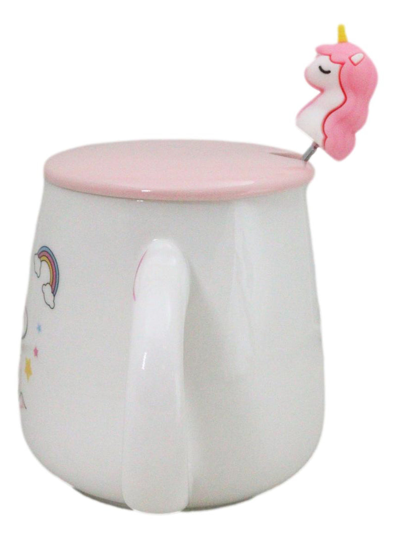 White Whimsical Crowned Unicorn Rainbow Shooting Star Mug With Spoon And Lid