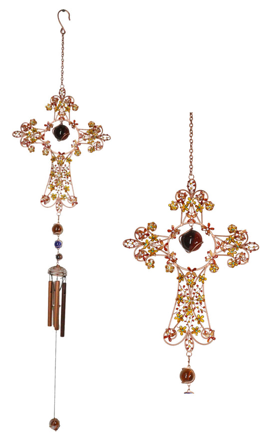 Autumn Floral Gemstones Fleur De Lis Christian Cross Art Glass Metal Wind Chime