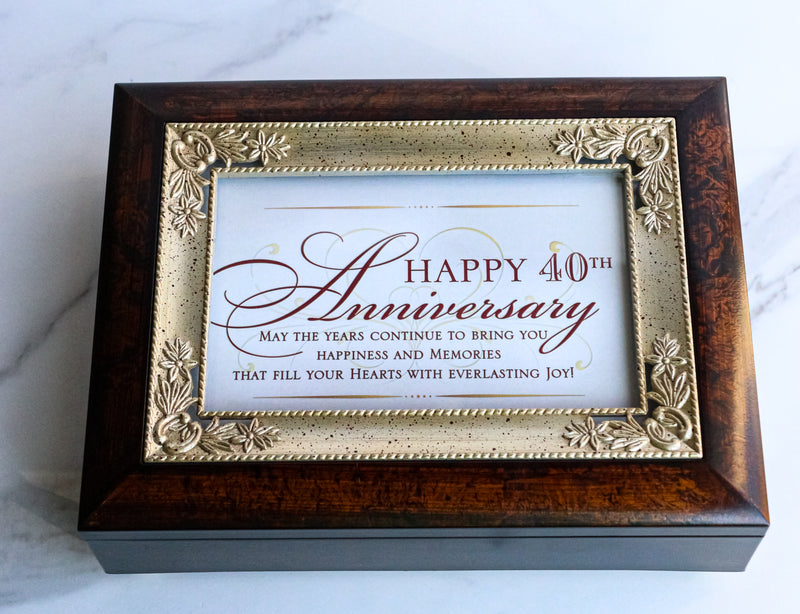 Happy 40th Anniversary Burlwood With Silver Scrollwork Musical Trinket Box