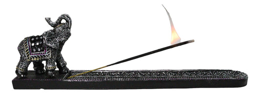 Feng Shui Buddhist Thai Tooled Elephant Trunk Up Incense Burner Holder 9.5 Inch