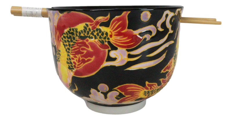 Black Oriental Koi Fishes Ceramic Donburi Ramen Soup Bowl With Chopsticks Set