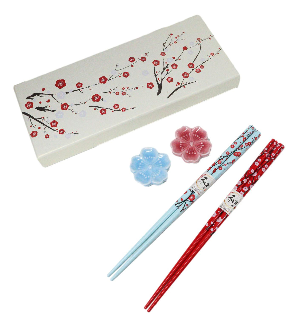 Red Blue Sakura Cerry Blossoms Flowers Set of 2 Chopsticks And Ceramic Rests Set