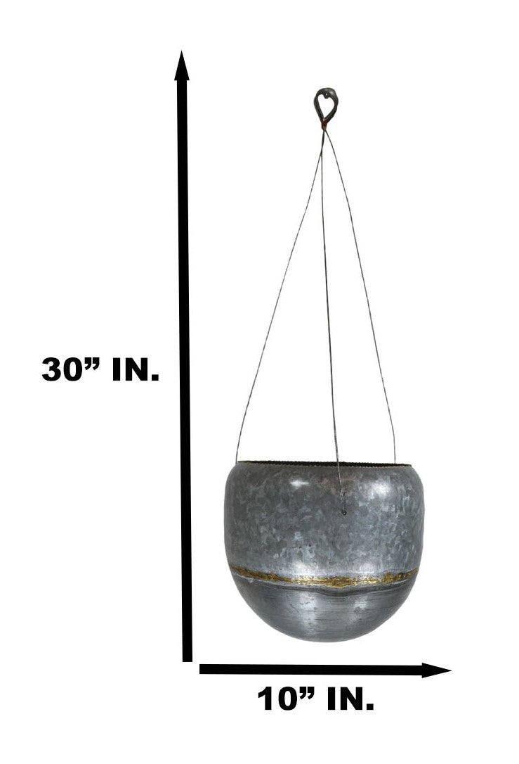 Farmhouse Rustic Galvanized Metal Gold Accent Hanging Round Wall Planter 8" Pot