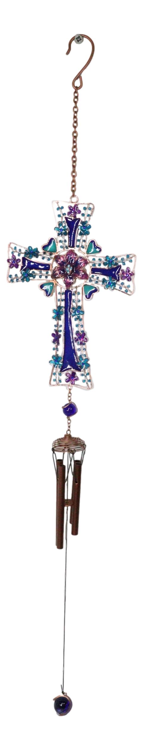 Blue Floral Aquamarine Cross With Gemstones Metal Scroll Filigree Wind Chime