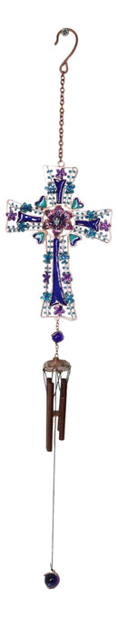 Blue Floral Aquamarine Cross With Gemstones Metal Scroll Filigree Wind Chime