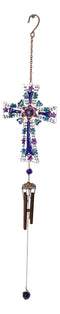 Blue Floral Aquamarine Cross With Gemstones Metal Scroll Filigree Wind Chime