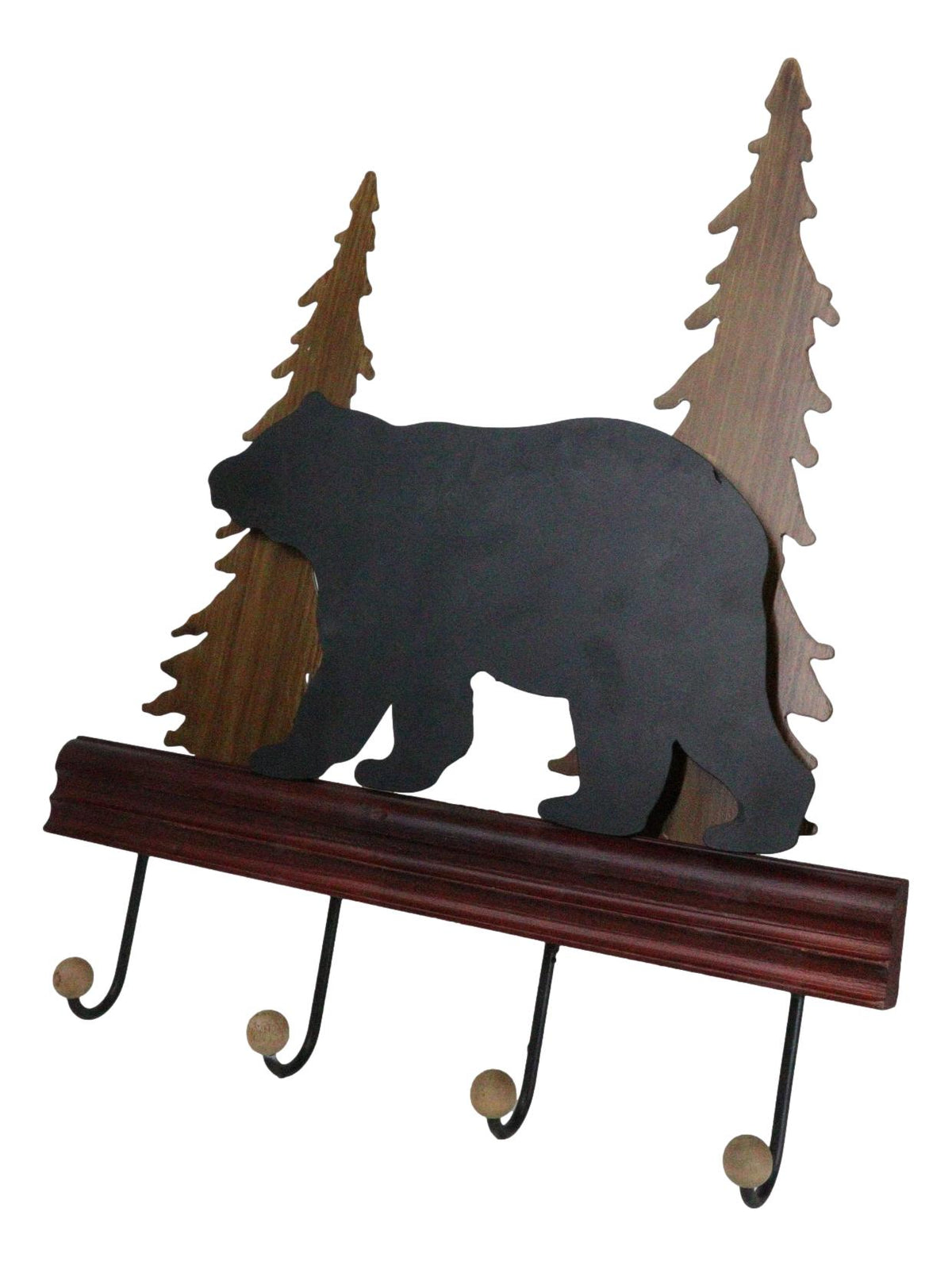 Rustic Western Black Bear Roaming Pine Forest 4 Pegs Wooden Wall Hooks Plaque