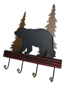 Rustic Western Black Bear Roaming Pine Forest 4 Pegs Wooden Wall Hooks Plaque
