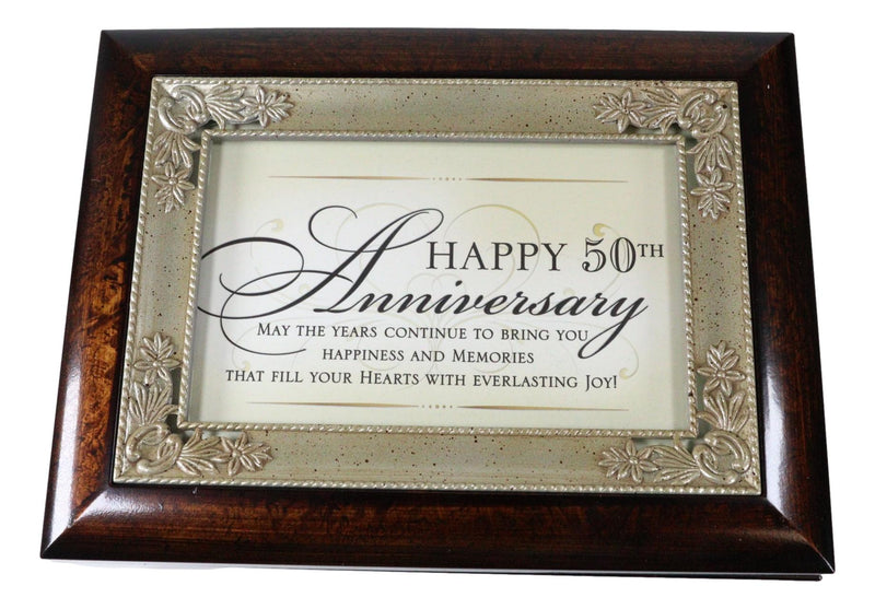 Happy 50th Anniversary Burlwood With Silver Scrollwork Musical Trinket Box