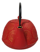 Red Gold Kiku Chrysanthemum Floral Design Large Cast Iron Tetsubin Teapot 40oz