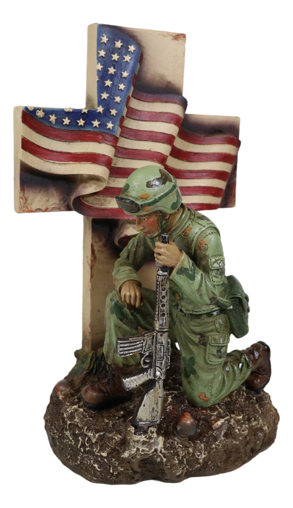Military War Hero Soldier With Rifle By American Flag Cross Memorial Figurine