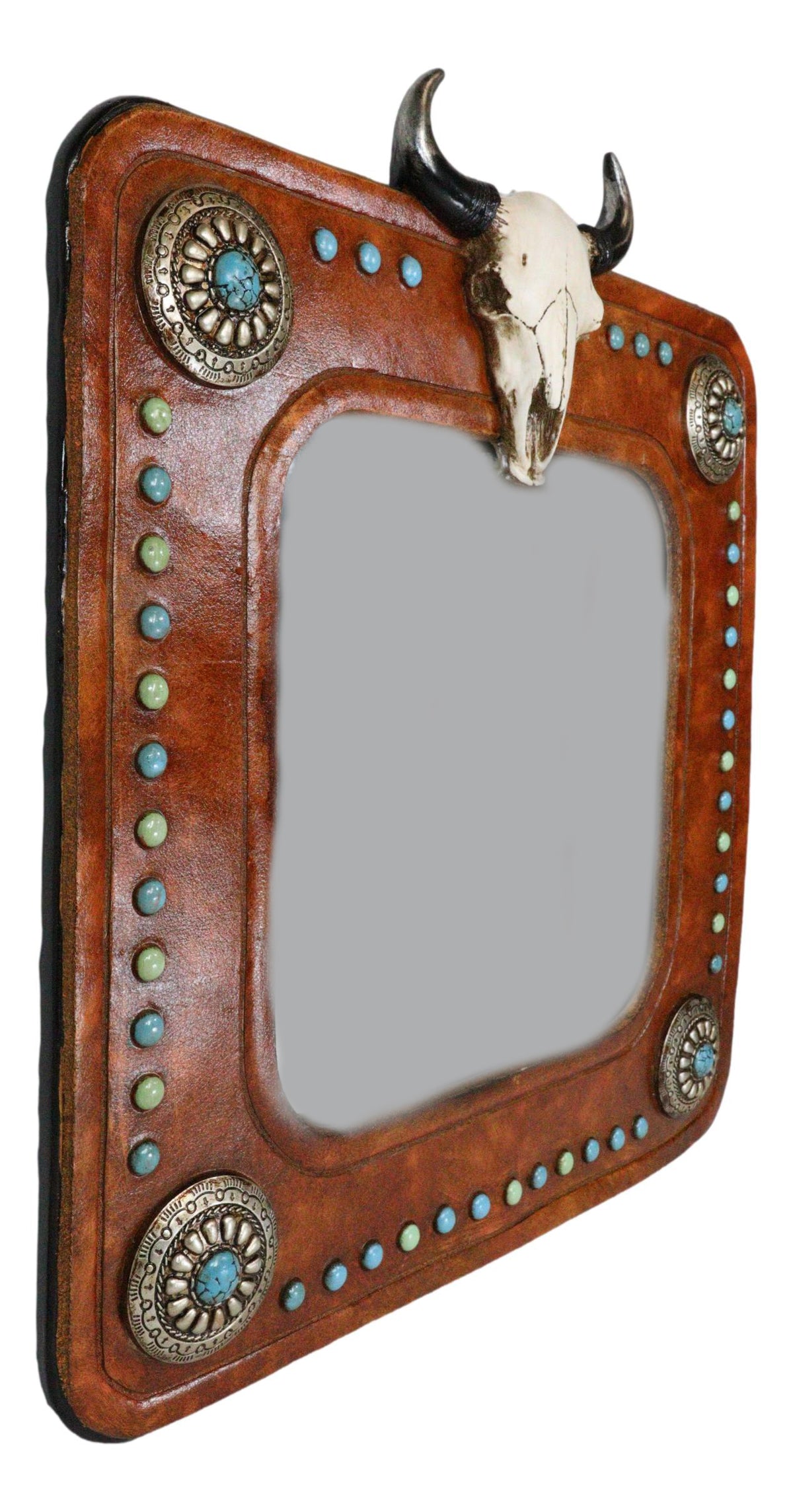 Rustic Western Bull Cow Skull And Turquoise Silver Conchos Faux Leather Mirror