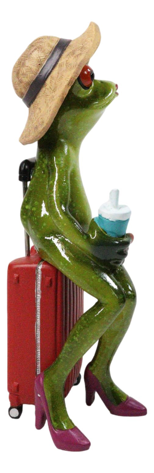 Ebros Frog Lady on Suitcase Beach Hat Red Stilettos Resin Figurine 7.75"