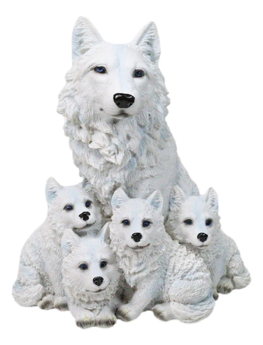Winter Snow White Alpha Wolf Father With 4 Adorable Pup Cubs Figurine
