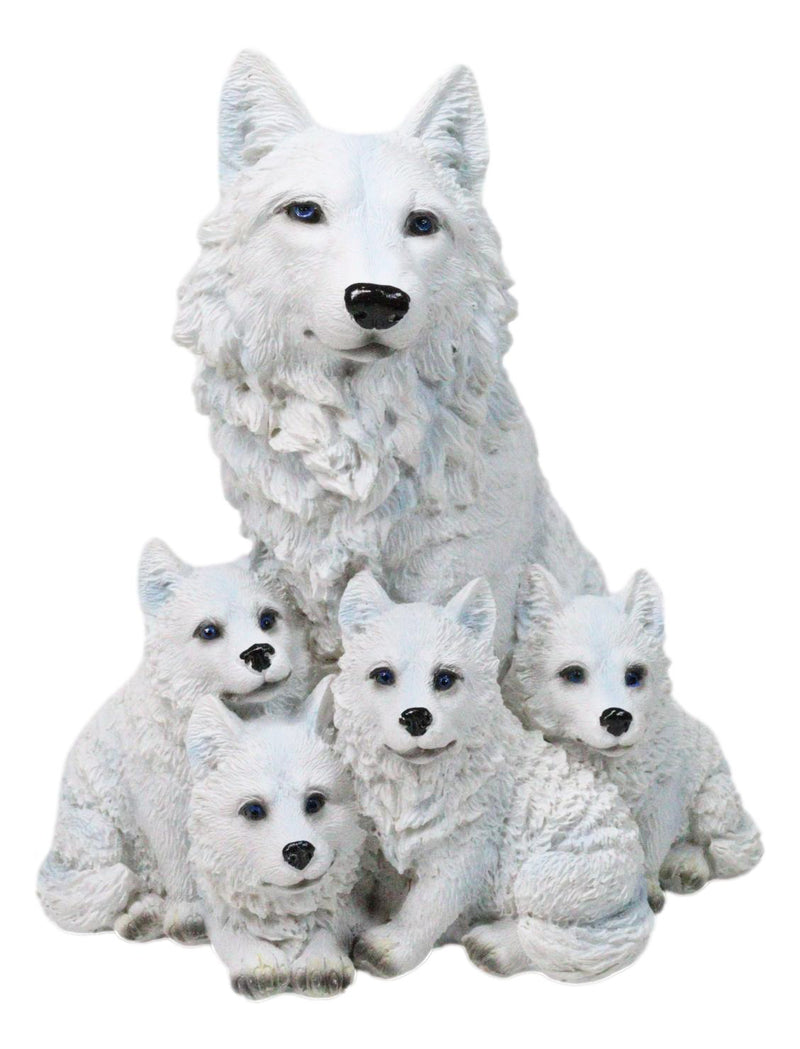 Winter Snow White Alpha Wolf Father With 4 Adorable Pup Cubs Figurine