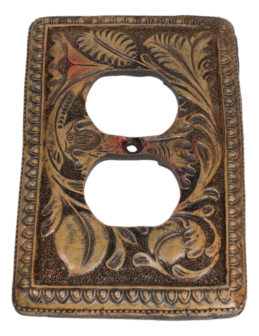Set of 2 Rustic Western Tooled Floral Lace Double Receptacle Outlet Wall Plates