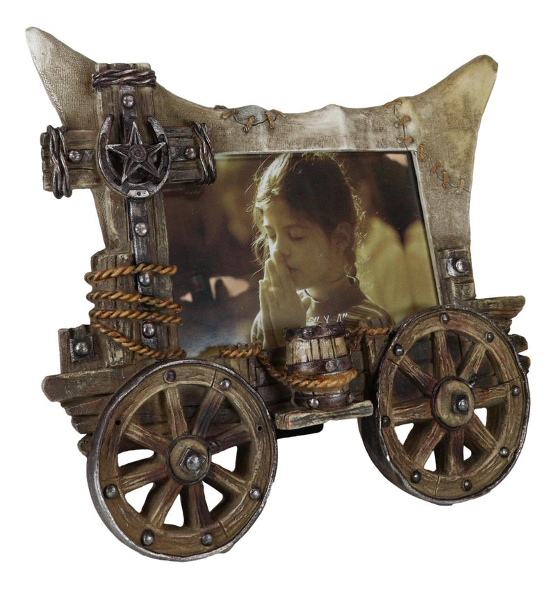 Rustic Western Covered Wagon With Wheels And Horseshoe Cross 6"X4" Picture Frame