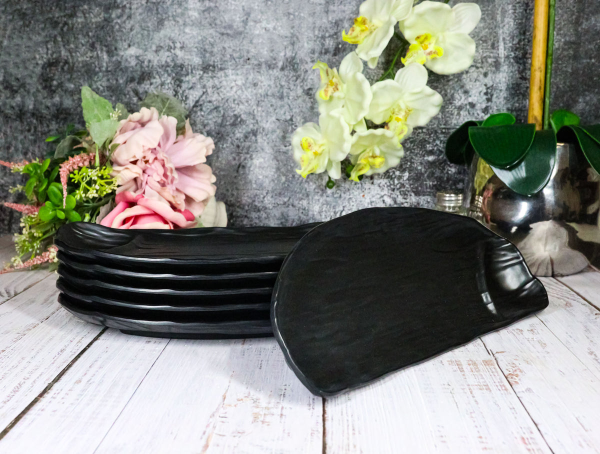 Pack Of 6 Half Moon Matte Black Melamine 2 Partitions Sushi Plates Platters 11"L