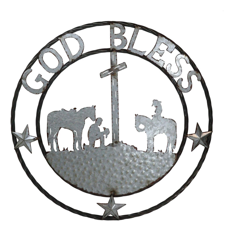 Large 24" Rustic Western Praying Cowboy Cowgirl God Bless Metal Wall Circle Sign