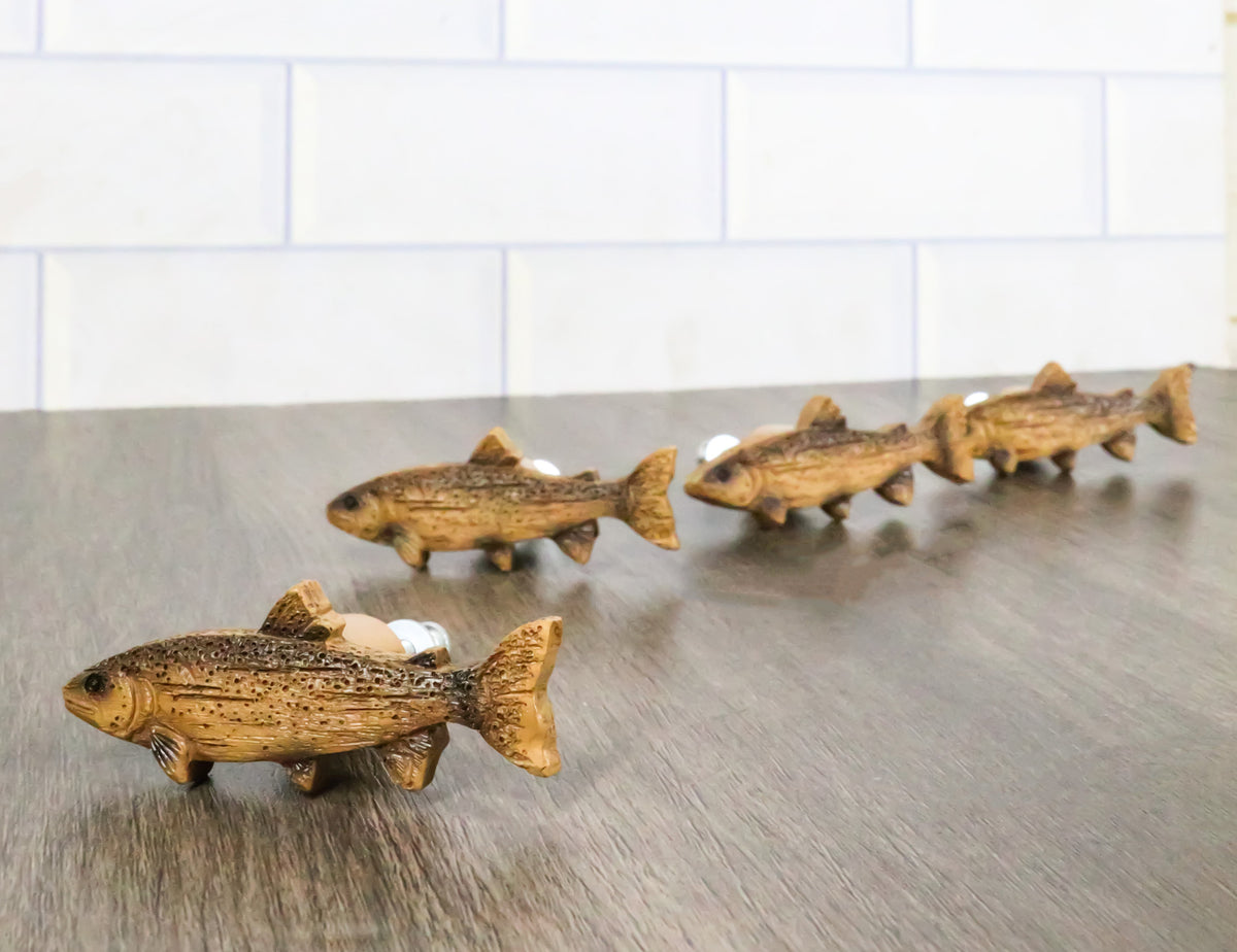 Set Of 4 Western Nautical Marine Trout Fish Faux Wooden Cabinet Door Pull Knobs