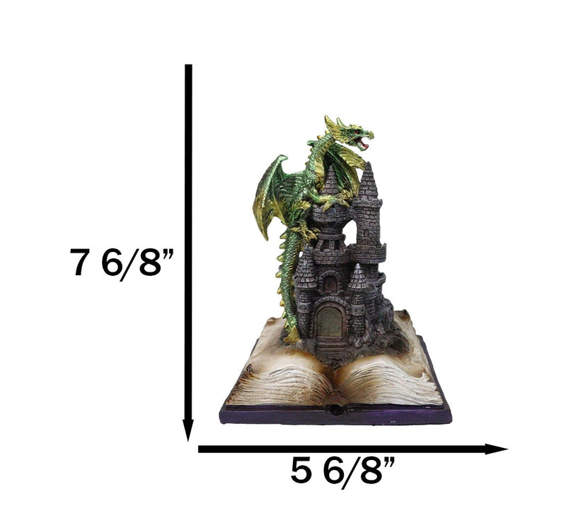 Medieval Green Dragon Perching On LED Castle With Book of Spells Figurine