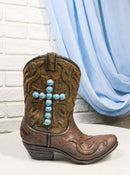 Rustic Western Turquoise Rocks Cross Faux Leather Cowgirl Boot Vase Figurine
