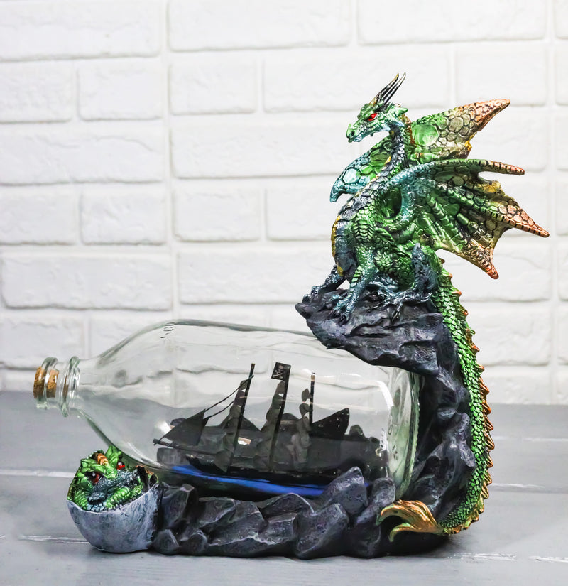 Green And Gold Dragon On Rock Cliff With Pirate Ship in Glass Bottle Figurine