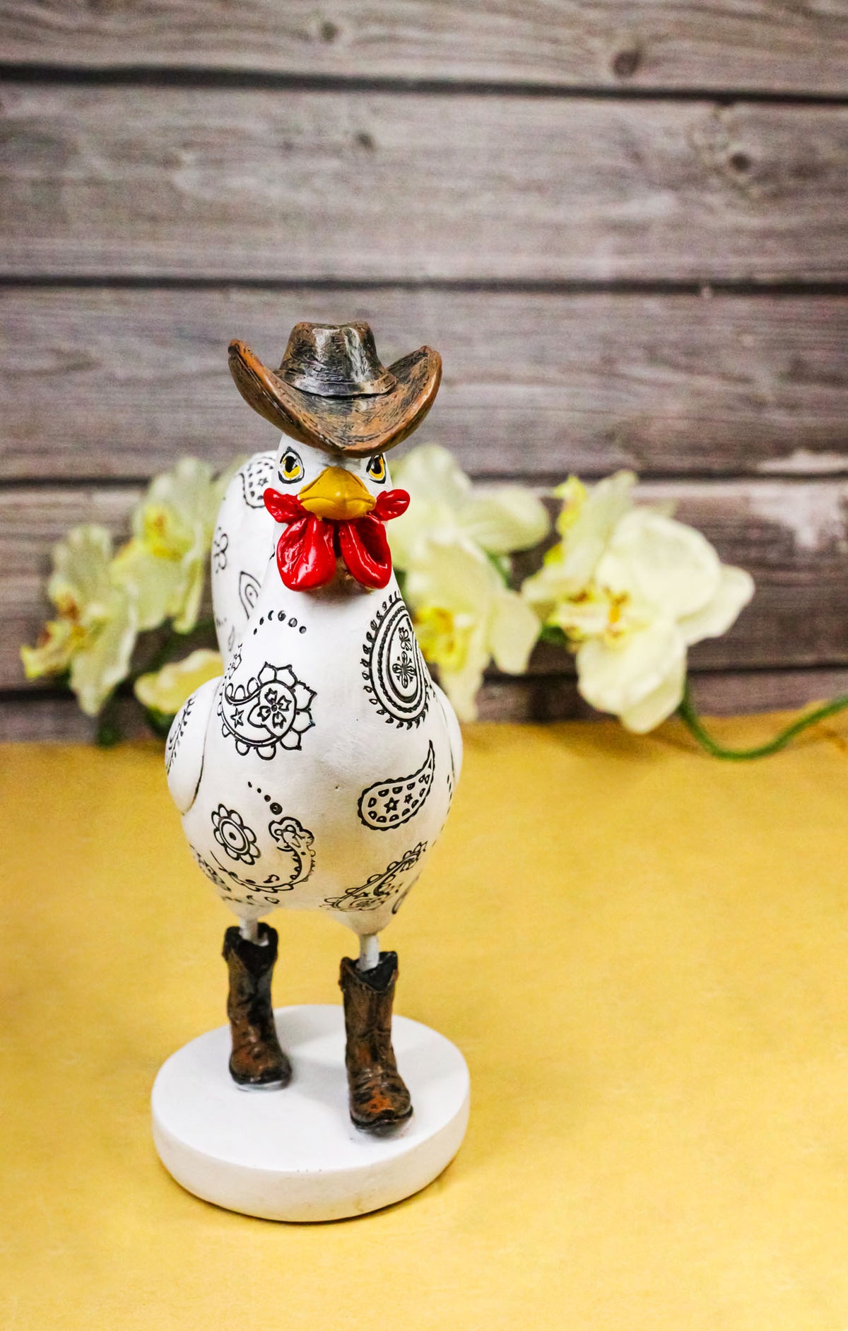 White Western Country Cowboy Chicken Rooster Wearing Hat And Boots Figurine 8"H