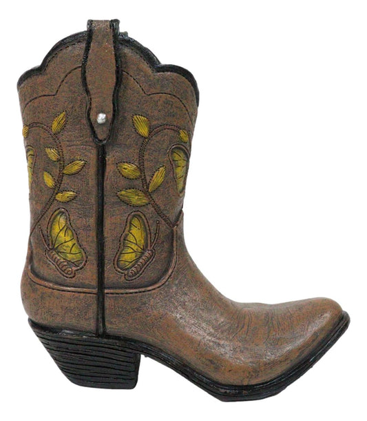 Western Yellow Butterfly and Flowers Faux Leather Cowgirl Boot Vase Figurine