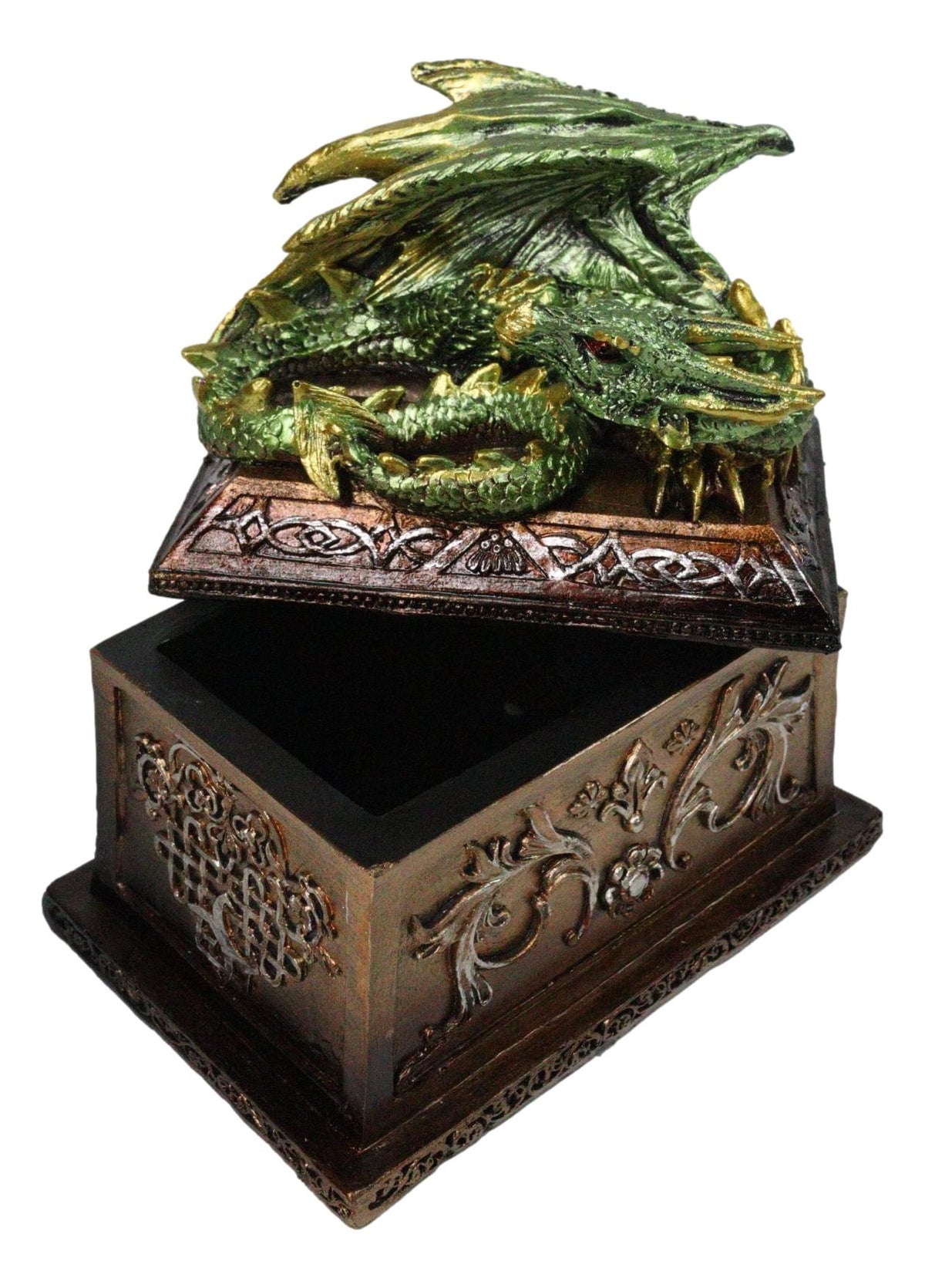 Medieval Fantasy Metallic Green Dragon Decorative Trinket Treasure Box Figurine