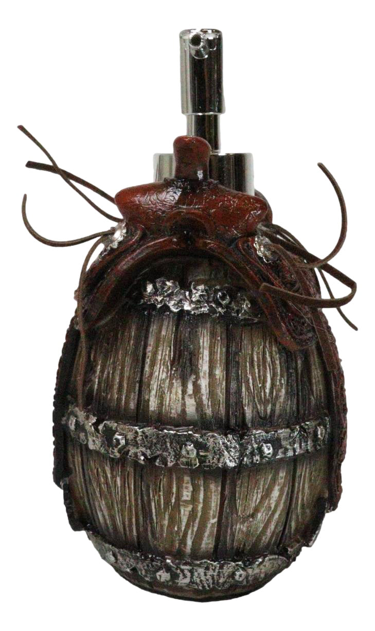Rustic Western Faux Leather Cowboy Horse Saddle On Barrel Soap Pump Dispenser