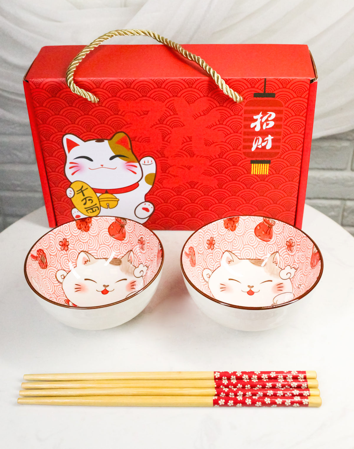 Set of 2 Lucky Cat Maneki Neko Red Ceramic 12oz Bowls With Bamboo Chopsticks