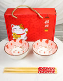 Set of 2 Lucky Cat Maneki Neko Red Ceramic 12oz Bowls With Bamboo Chopsticks