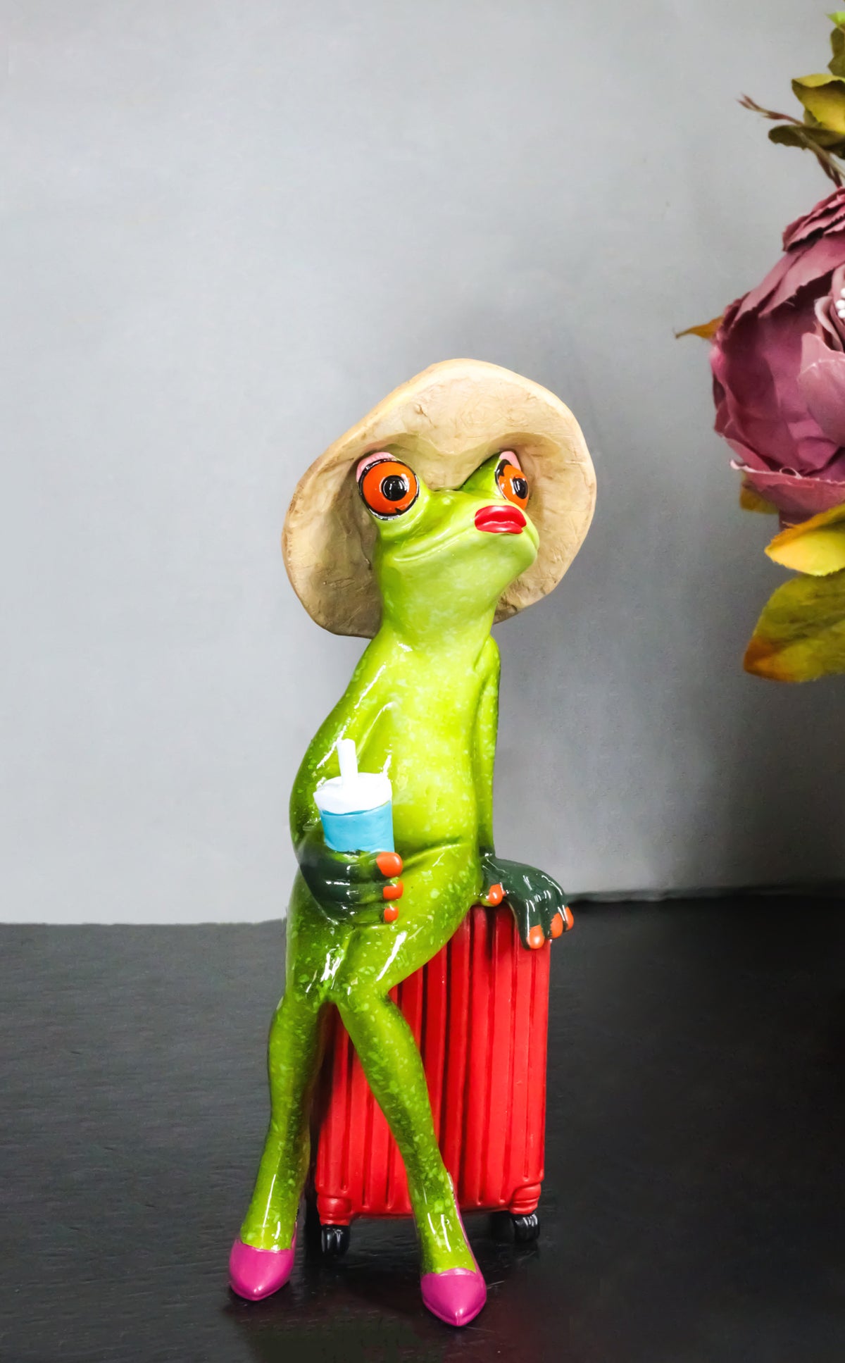 Ebros Frog Lady on Suitcase Beach Hat Red Stilettos Resin Figurine 7.75"