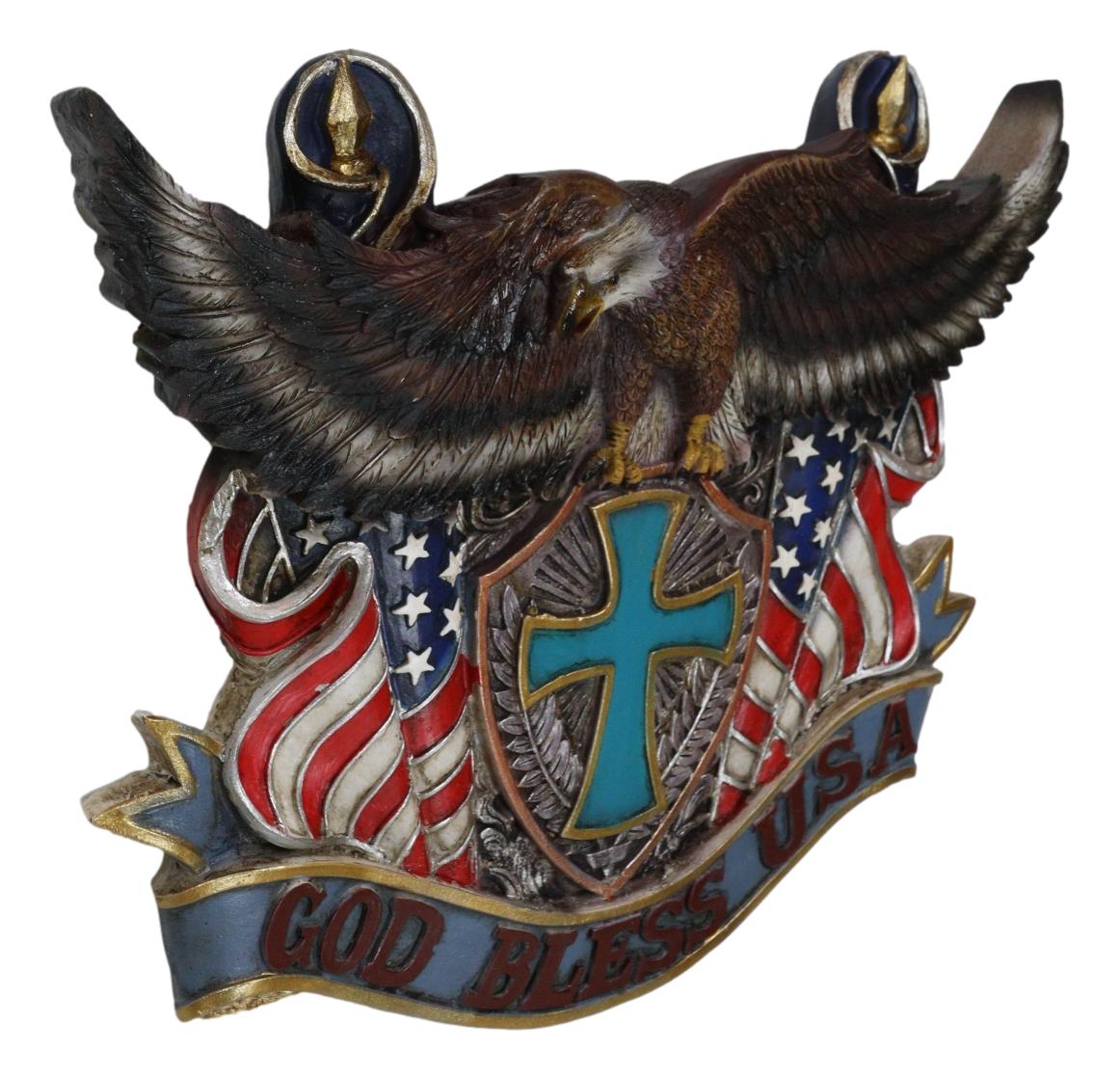 Patriotic Flags Bald Eagle On Cross Crest God Bless USA Wall Plaque Sculpture - Ebros Gift