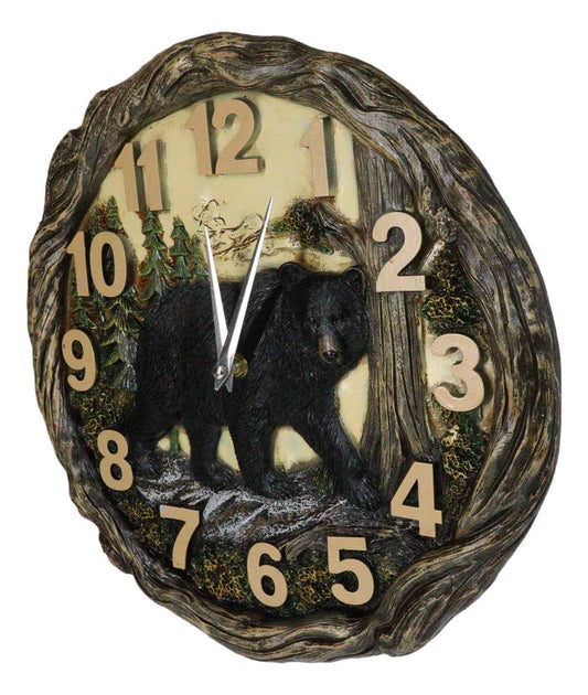 Rustic Cozy Woodland Pines Black Bear Forest Faux Wood Look Wall Clock Decor