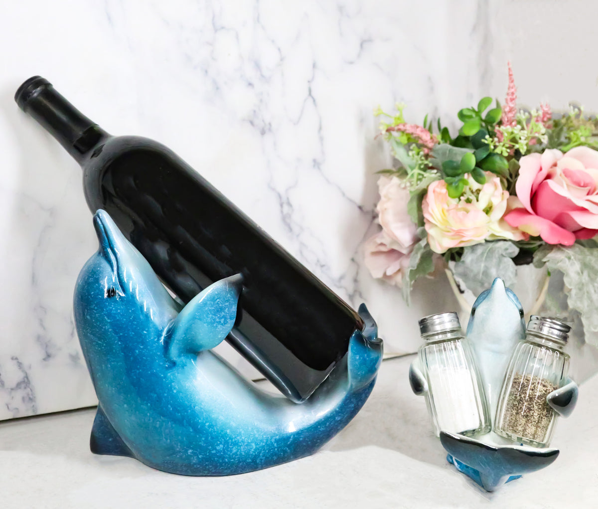 Set Of 2 Ocean Marine Dolphin Fish Wine Bottle And Salt Pepper Shakers Holders - Ebros Gift