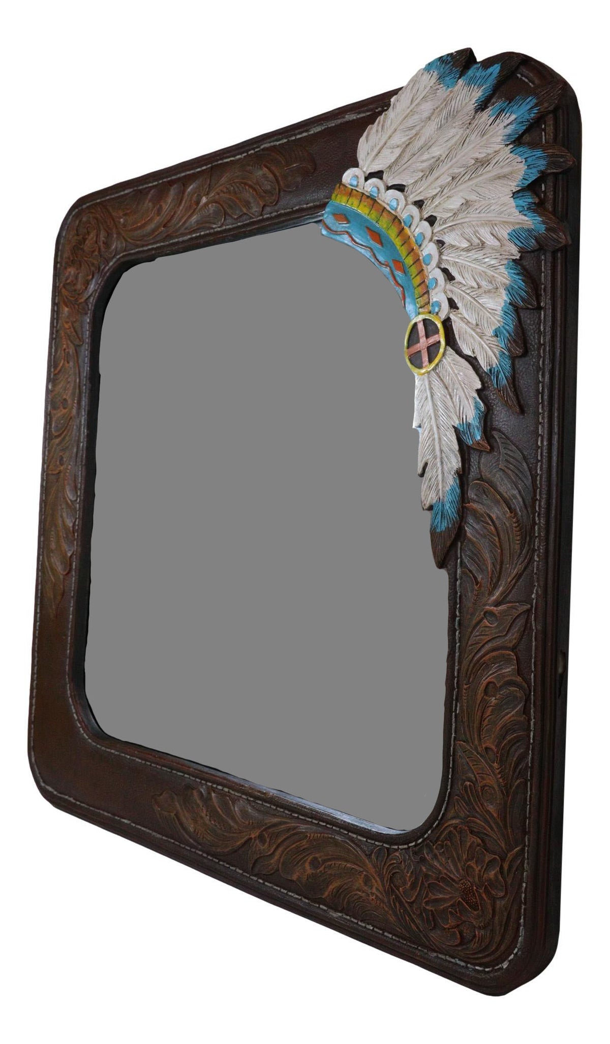 Rustic Southwestern Indian Chief Headdress Faux Tooled Leather Wall Mirror Decor