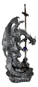 Stone Grey Dragon Holding Blue Orb and Drake Skull Sword Letter Opener Figurine
