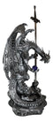 Stone Grey Dragon Holding Blue Orb and Drake Skull Sword Letter Opener Figurine