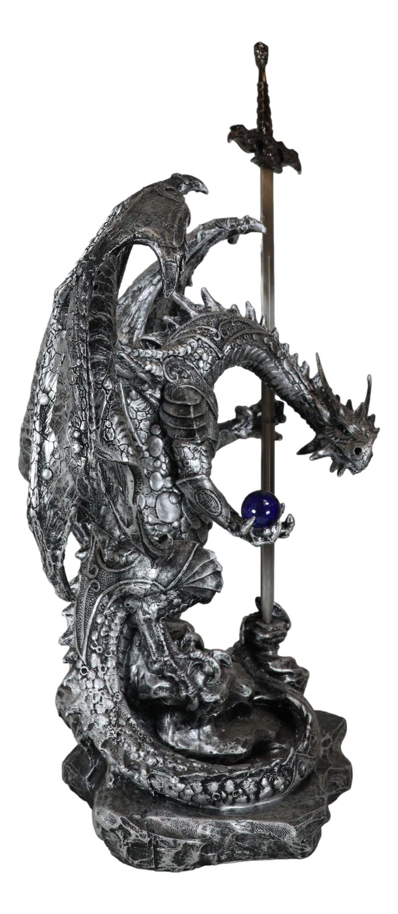 Stone Grey Dragon Holding Blue Orb and Drake Skull Sword Letter Opener Figurine