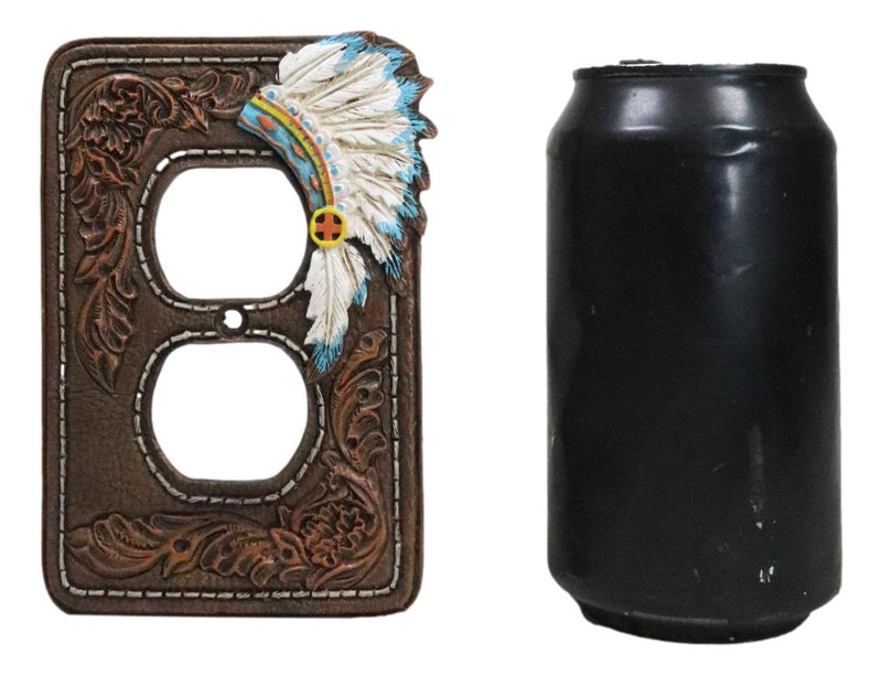 Set of 2 Faux Leather Indian Chief Headdress Double Receptacle Outlet Plates
