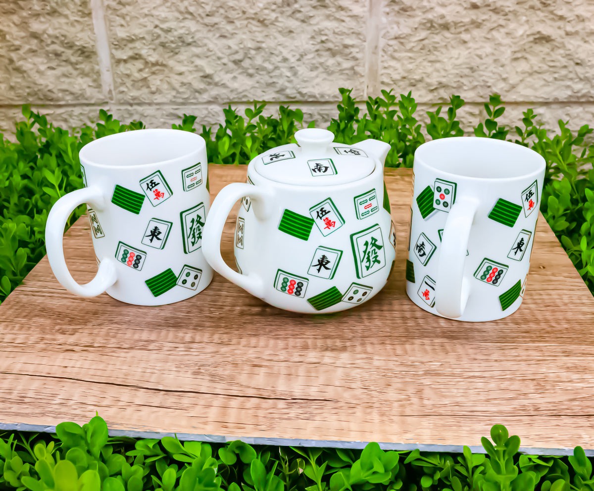 Green White Chinese Mahjong Tiles Ceramic Tea Pot 15oz And 2 Cup Mugs 11oz Set