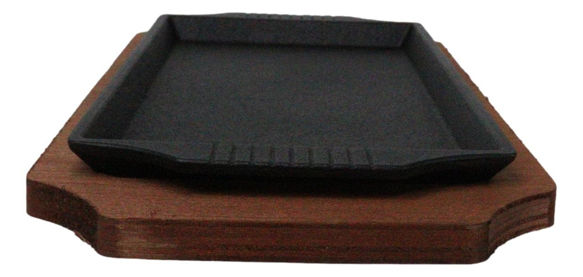 Personal Size Cast Iron Rectangular Fajita Steak Pan Skillet With Wood Trivet - Ebros Gift