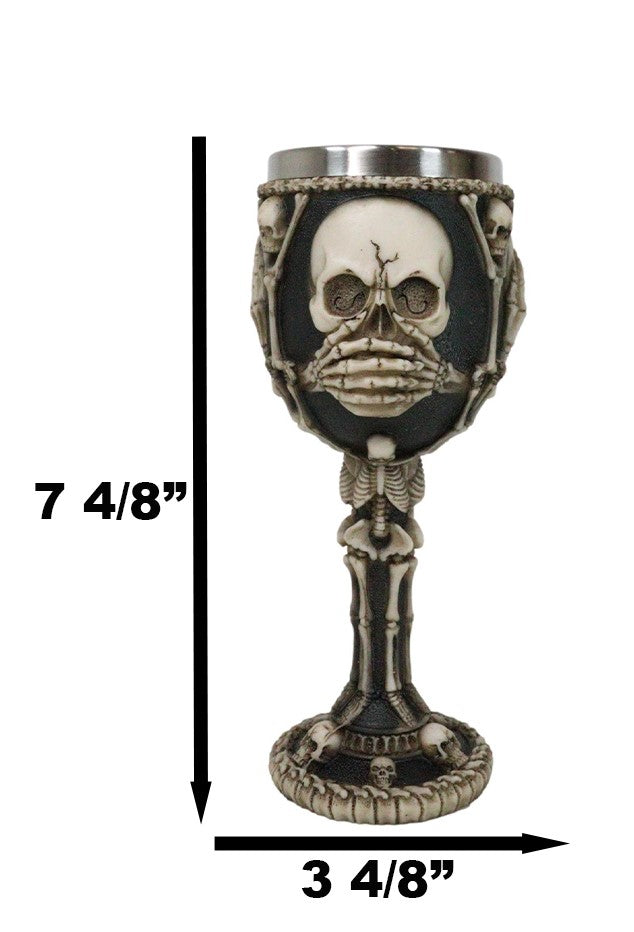 Wise Vintage See Hear Speak No Evil Skeleton Bone Skulls Wine Goblet Chalice - Ebros Gift