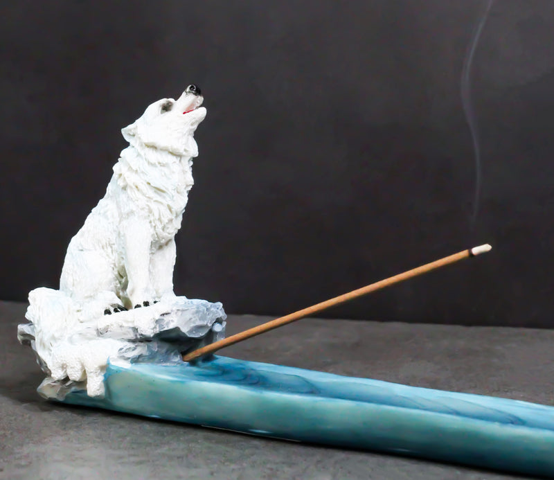 Mystic Alpha Snow Arctic White Wolf Ghost Howling Incense Burner Holder Figurine