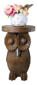 Hand Carved Whimsical Wise Owl Round Top Side Table Made Of Mango Wood 18" Tall