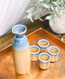 Blue Brown River Ao Nagashi Porcelain Sake Carafe Flask 9oz & 4 Ochoko Cups Set